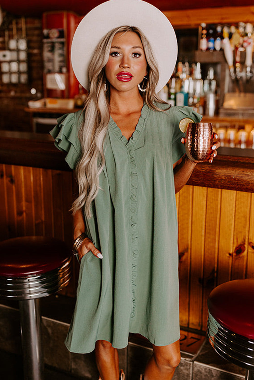 Mist Green Ruffle Sleeve Dress