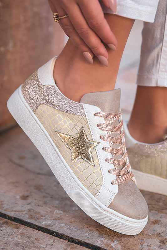Gold Glitter Star Patchwork Lace-up Sneakers